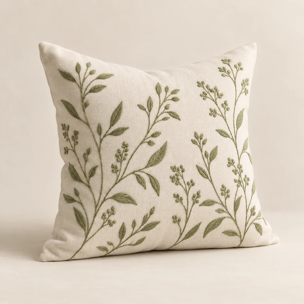 Fleur Embroidered Pillow, Ivory / Sage
